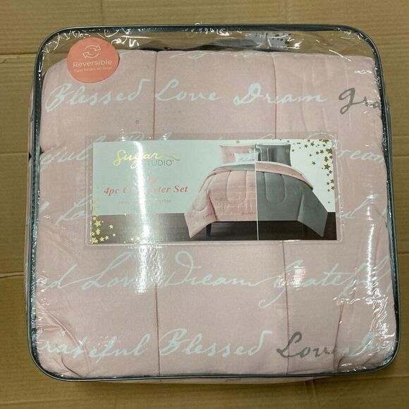 Grey and Pink TWIN Comforter Set New - Picture 1 of 4